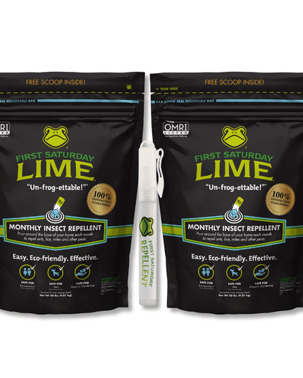 Bundle: 2 First Saturday Lime 20lb Bags and 1 10ml Eco-Friendly Insect Repellent Spray