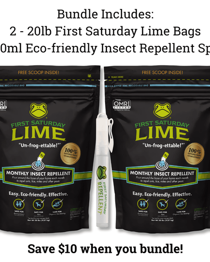 Bundle: 2 First Saturday Lime 20lb Bags and 1 10ml Eco-Friendly Insect Repellent Spray