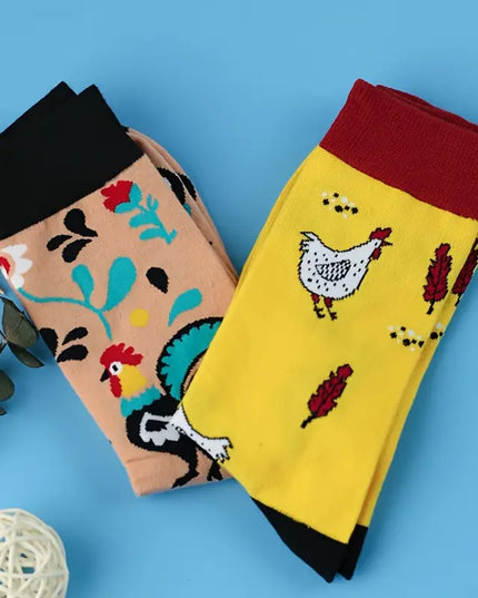 Cartoon Chicken Pattern Crew Socks, Breathable Comfy Casual Street Style Socks-2 pack
