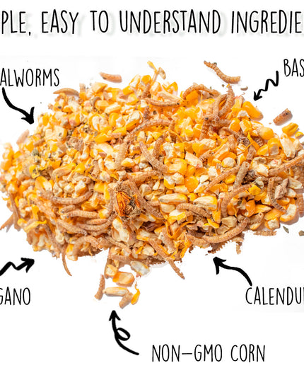 Poultry Queen Mealworm, Premium Corn, Flax Seeds, & Herb Treat For Pet Chickens